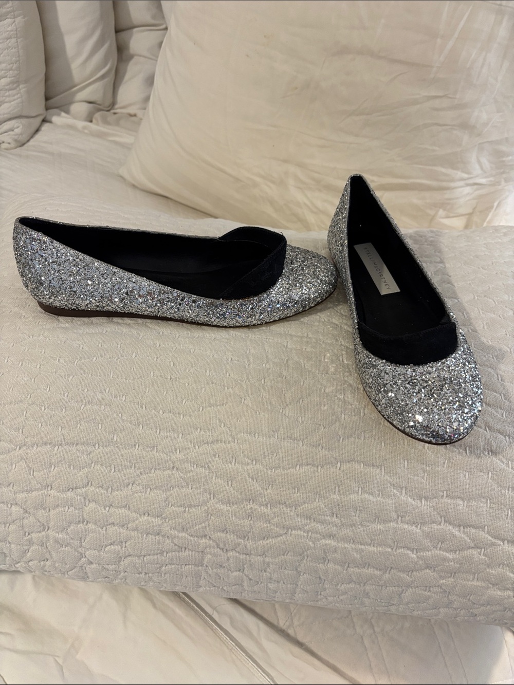 Stella McCartney Silver Glitter Ballet Flats with Black Trim 37.5
